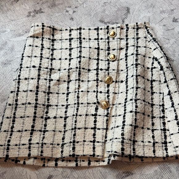 Express Asymmetrical Plaid Skirt with Gold Buttons - Picture 1 of 3